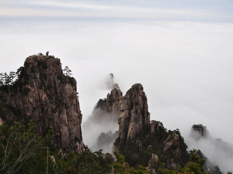 Stone Monkey Gazing over the Sea of Clouds in Mount Huanshan